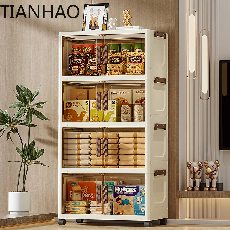 Korean Style Foldable Storage Cabinet Large Capacity Plastic Organizer Box with Wheels Stackable for Home