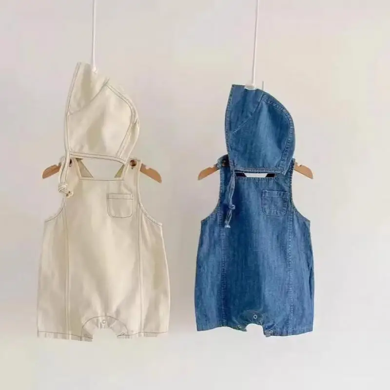 2026 Summer New Baby Denim Overalls + Hat Solid Infant Girl Strap Bodysuit Fashion Casual Boys Jeans Jumpsuit Toddler Clothes