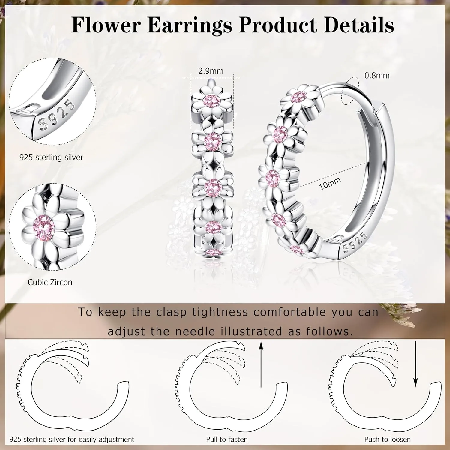 Fansilver 925 الاسترليني أقراط الحلقة الفضية للنساء ديزي هوجي هوب أقراط تمهيد الوردي مكعب زركونيا زهرة هيبوالرجينيك