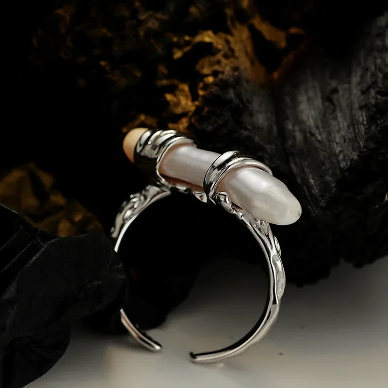 Youth of Vigor Irregular Alien Long Baroque Pearl Solid 925 Silver Ring Unique Rough Pattern Party Open Rings R1224