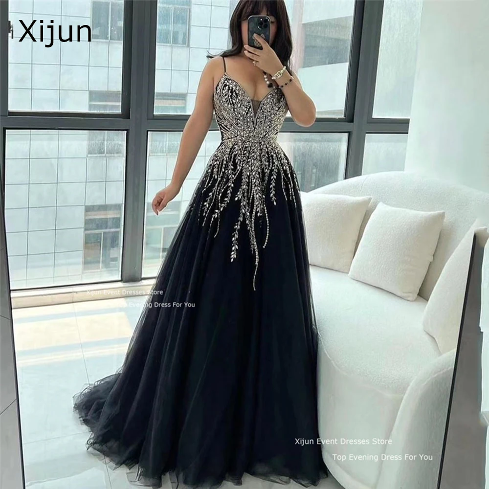 Xijun Sexy Black Glitter Evening Dresses Sequined Beads Saudi Arabric Prom Dresses V-Neck Spaghetti Strap Prom Gowns A-Line 2024