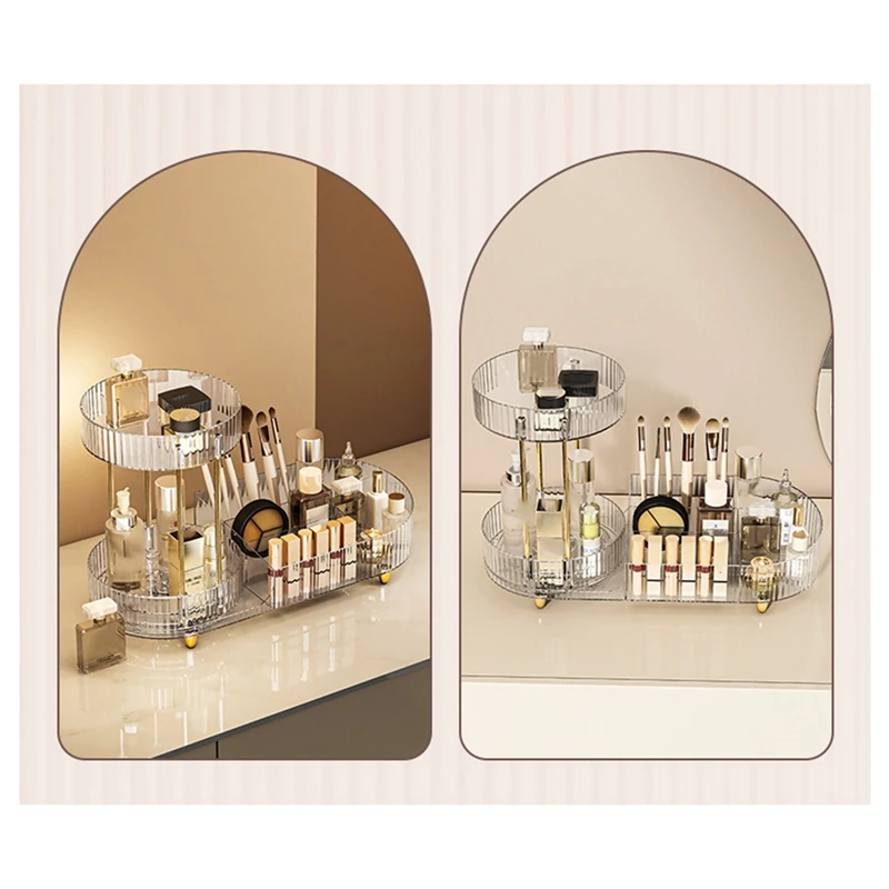 Rotating Makeup Organizer for Vanity, 2 Tier Perfume Cosmetic Skincare Organizers with Makeup Brush Holder Transparent-A27R