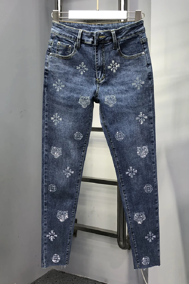 Female Pencil Jeans for Lady 2022 New Fashion Spring Summer High Waist Stretch Tight Denim Pants Hot Drilling Ankle-length Jean