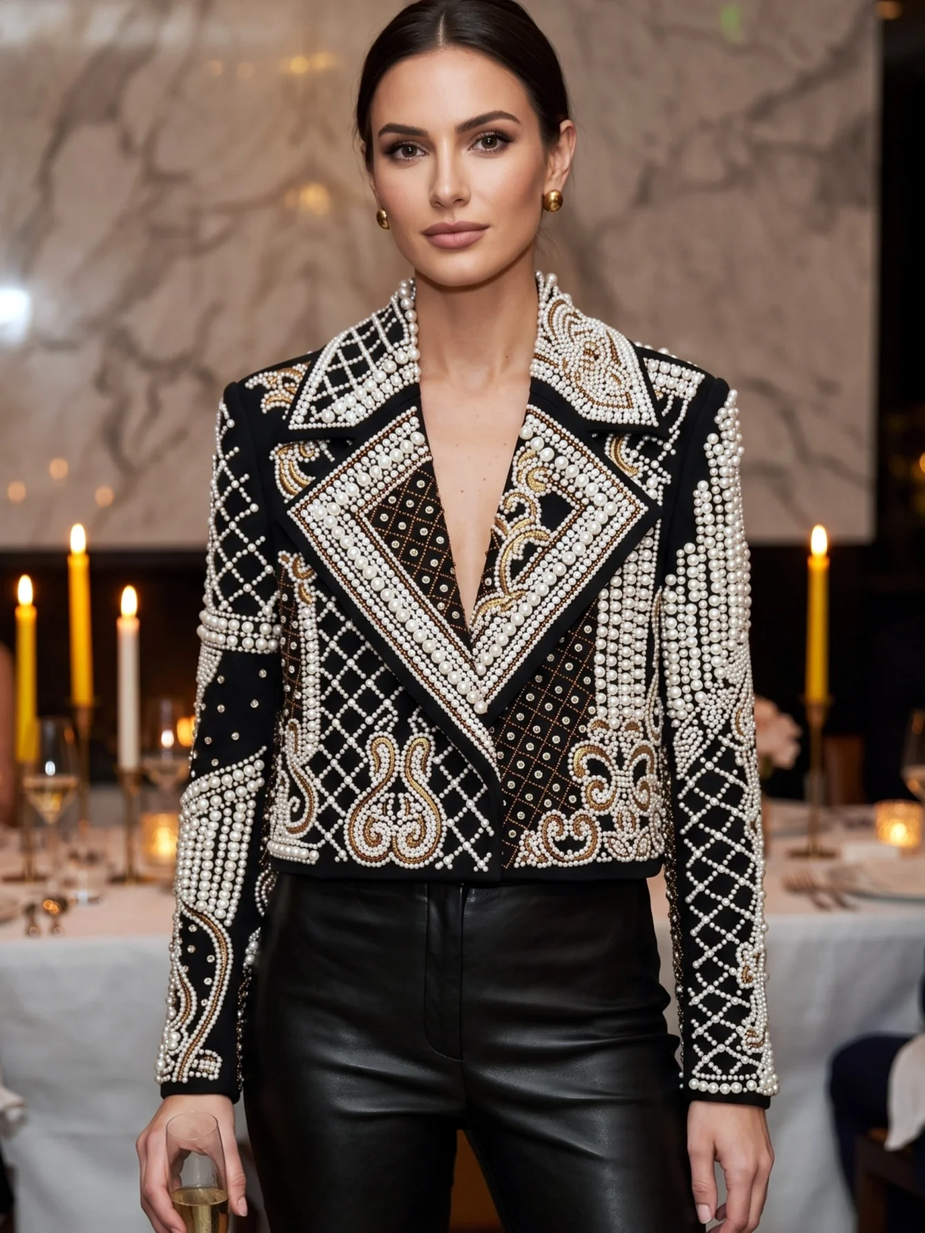 Fashion Heavy Industry Embroidery Nail Bead Inlaid Diamond Short Jacket Women's Lapel Long Sleeves Jackets New