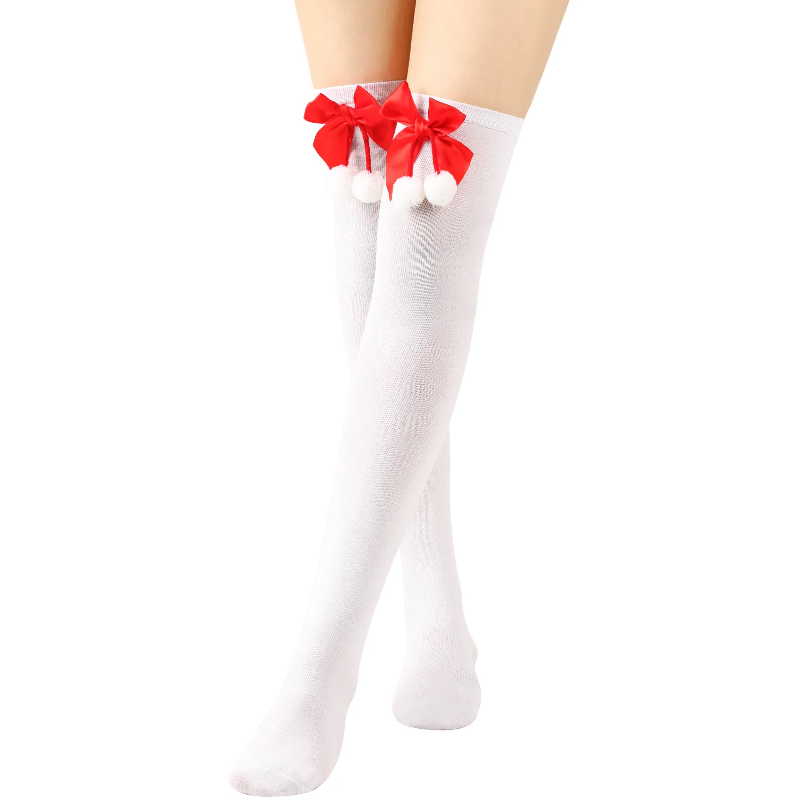 New Thigh Socks Women Bow Thickened Christmas Socks Knee Socks Ball Socks Long Barrel Christmas Holiday Solid Color