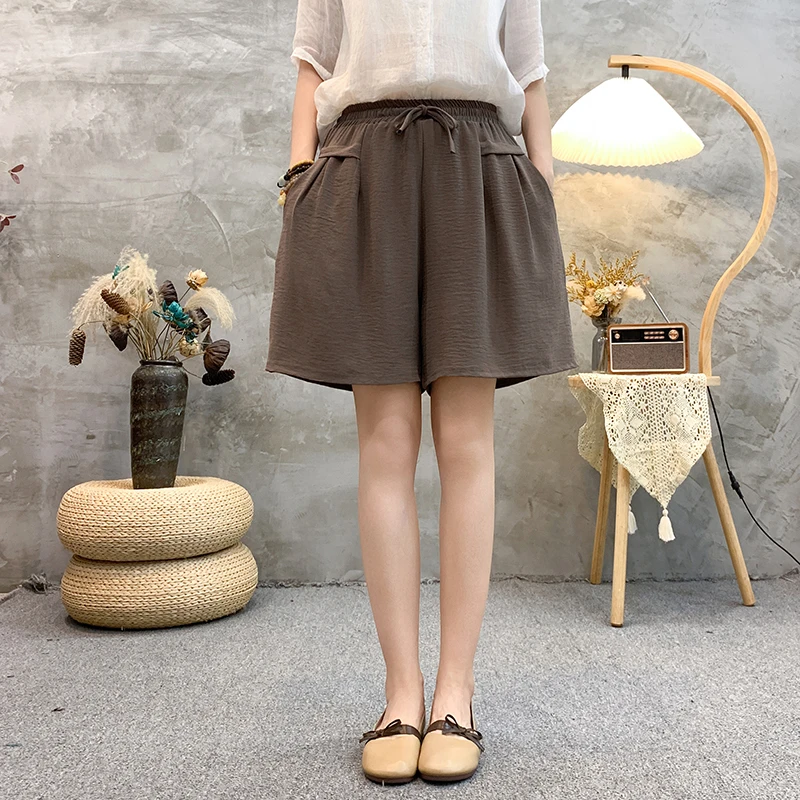 شورت نسائي من الحرير الجليدي بخصر مرتفع ، خصر مرن ، ساق واسعة ، صيف ، ثنى ، كاجوال ، فضفاض ، ناعم ، مقاس كبير