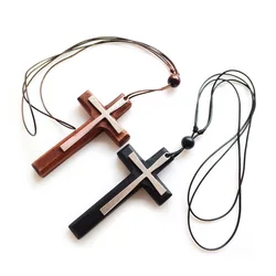 Big Wooden Cross Pendant Rope Choker Chain Necklace For Men Women Black Brown