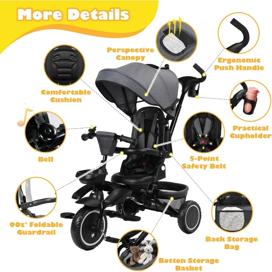 Opvouwbare driewieler 8-in-1 babydriewieler met verwijderbare en verstelbare luifel Ouderhandgreep 5-poorts veiligheidsharnas Peuterfietskinderwagen