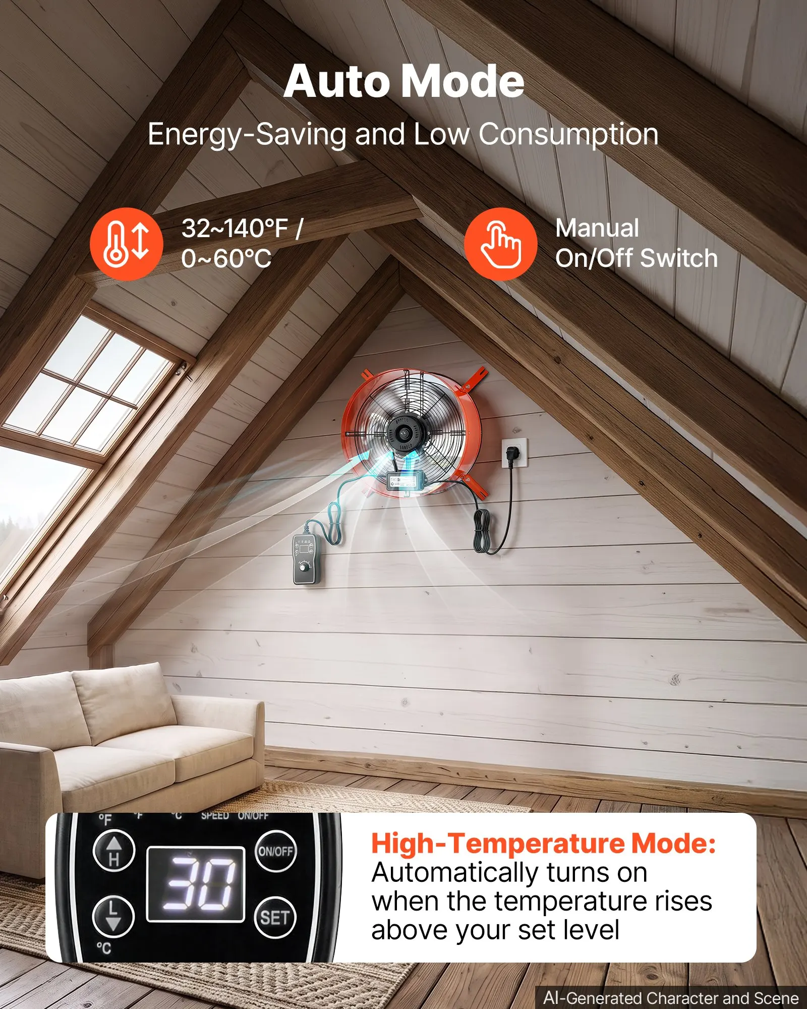 Gable Mount Fan, 16 in Attic Vent Exhaust Fan 2940 CFM Thermostat, Cooling and Ventilation for Home, Garage, Warehouse, Workshop, Carbon Steel Housing with Mounting Brackets & Hardware, Orange
