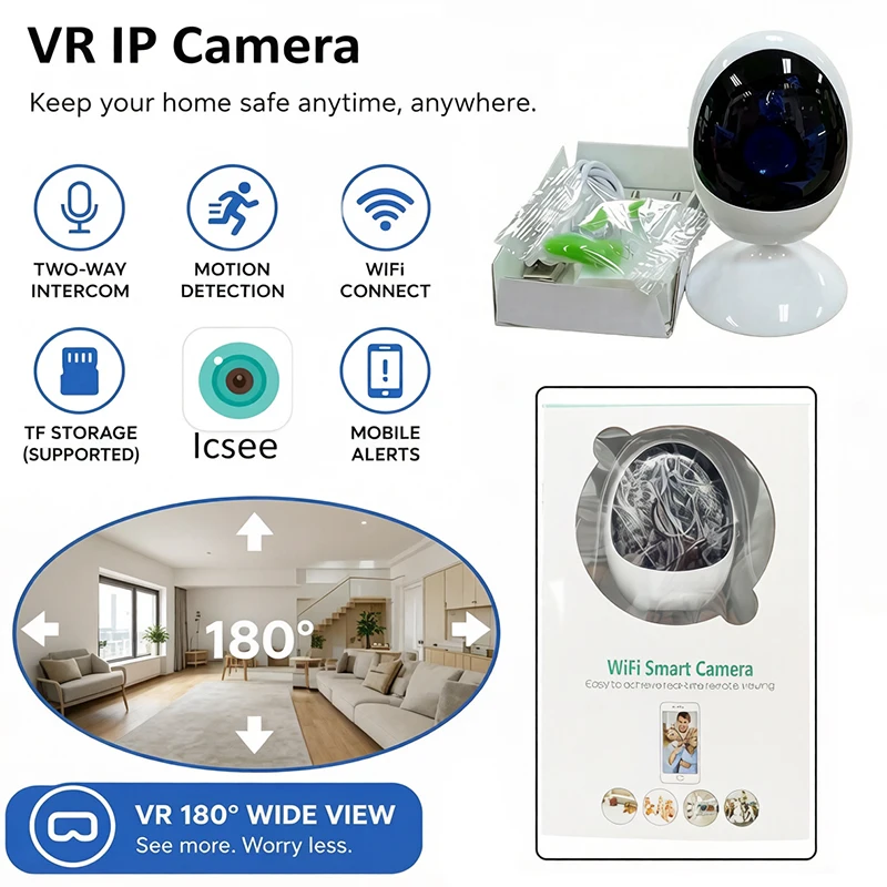 icsee 3MP 128G 180° VR Security Camera Panoramic Baby Monitor Motion Detection Alerts Night View P2P CCTV Surveillance Video Cam
