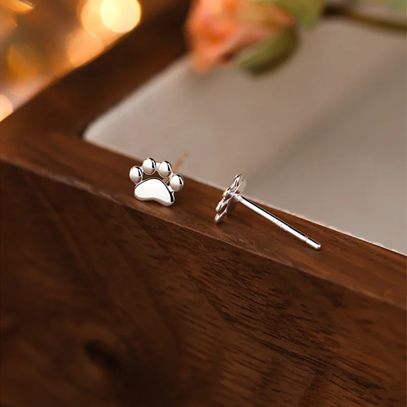 S999 Sterling Silver Cute Cat Paw Stud Earrings for Women Tiny Jewelry Perfect for Daily Wear Sweet Gift Idea Silver Earrings