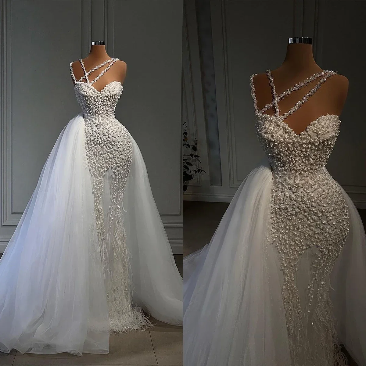 

Customized Shinny Spaghetti Strap Appliques Beads Wedding Dress With Tulle Overskirt Robes De Mariee Feather Bridal Gown