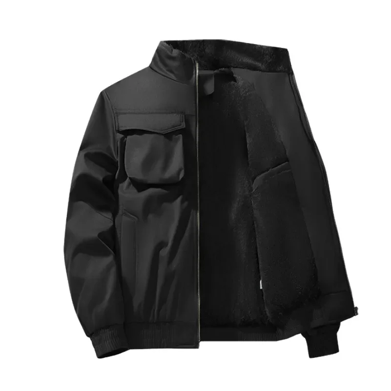 

Men's Fleece Bomber Jackets Winter Stand Collar Parkas Quality Male Multi-pockets Workwear Cargo Jacket Outdoor Tooling Coats