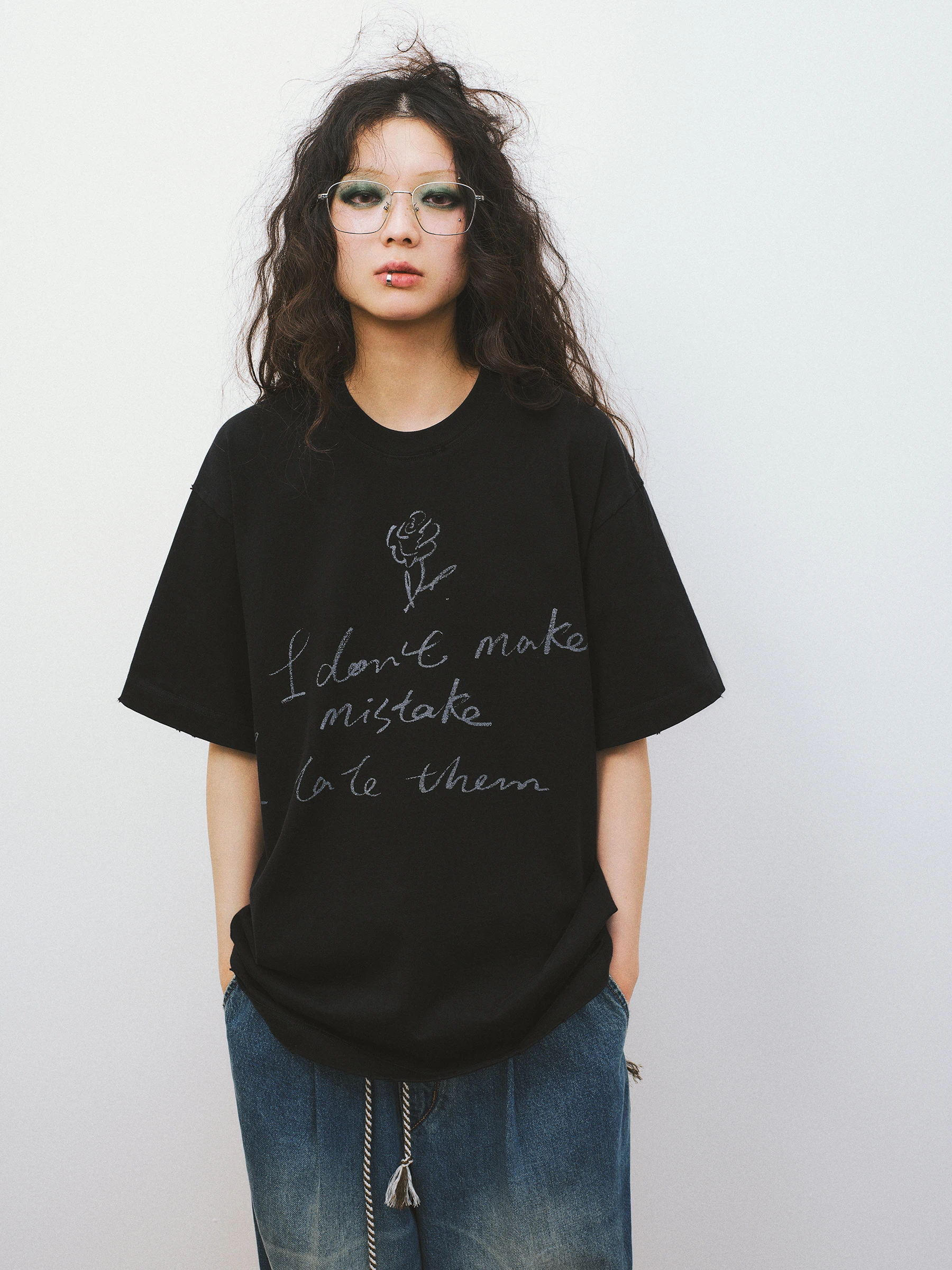 VERMO Vintage Handwritten Slogan And Rose Worn-In Dye Short Sleeve T-Shirt Top Casual Cotton Shoulder-Length round Neck