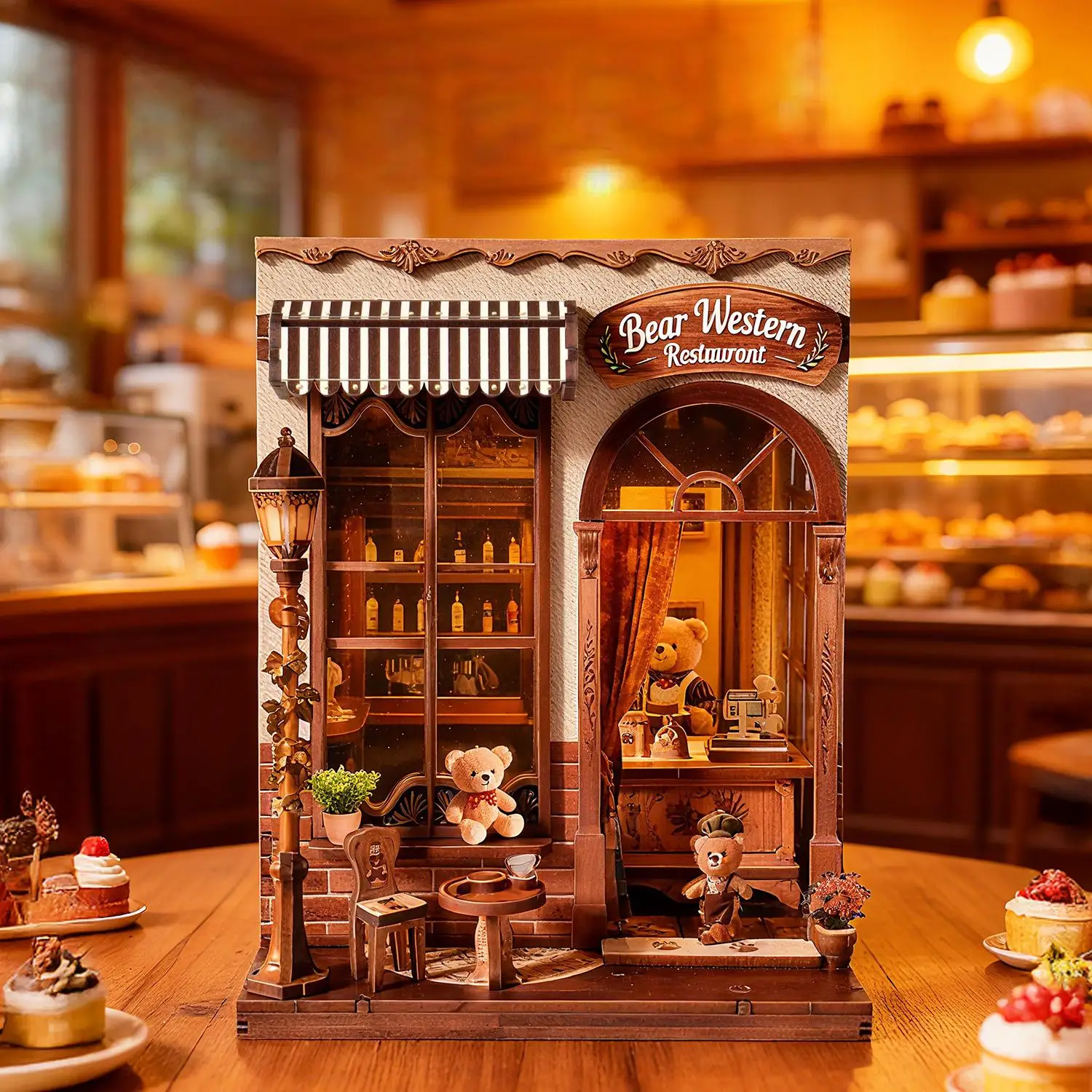 

OUZEY Bear Themed Restaurant Miniature, Cozy Wooden Dollhouse with LED Lights, Storytelling DIY Gift for Adults