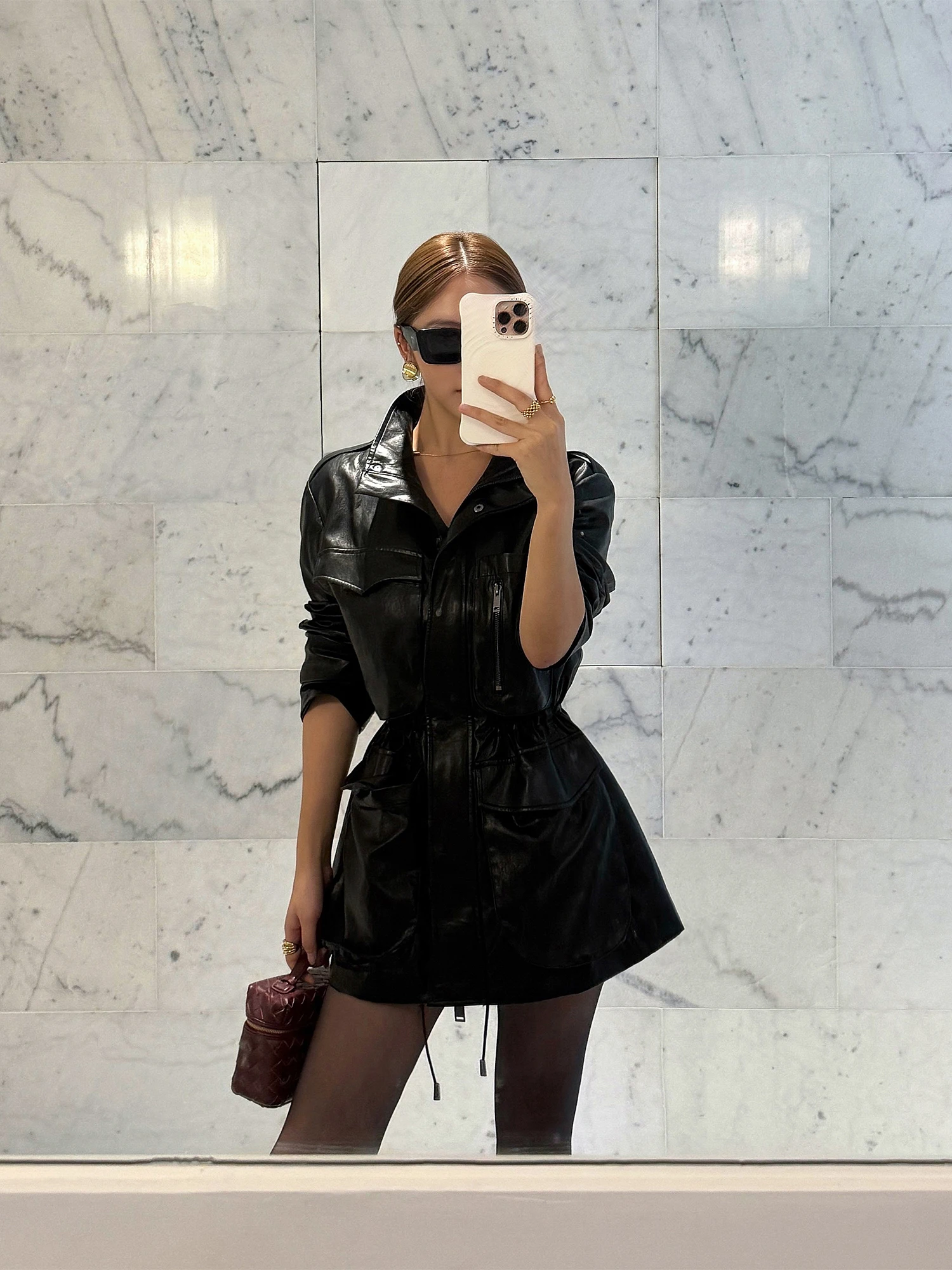 

Elegant Waist-Cinching PU Leather Jacket Women's Coat NEVA HU Design Sensation Casual Style Long Sleeve Zipper Closure