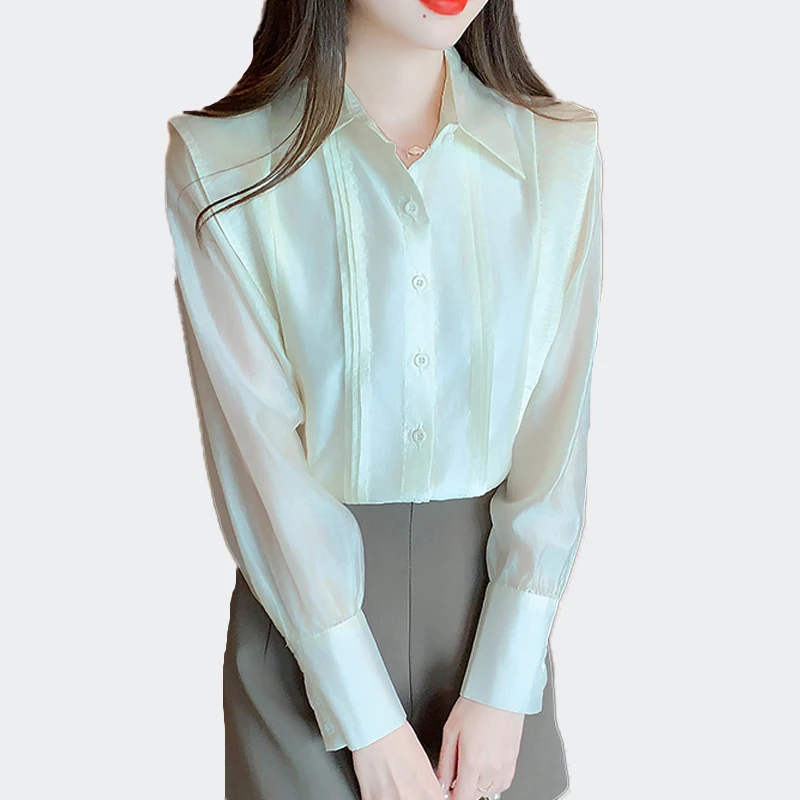 

2025 Autumn New Women's Solid Color Shirts Chic Folds Fashion Ladies Blouses Casual Female Tops Blusas Mujer