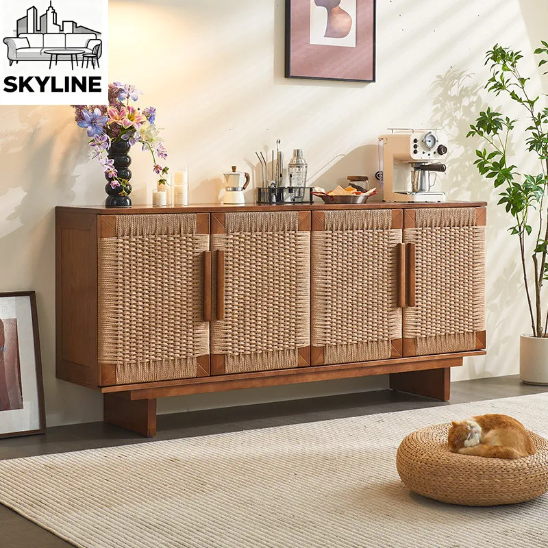Solid Wood Rattan Sideboard, Nordic Simple Entry Storage Cabinet