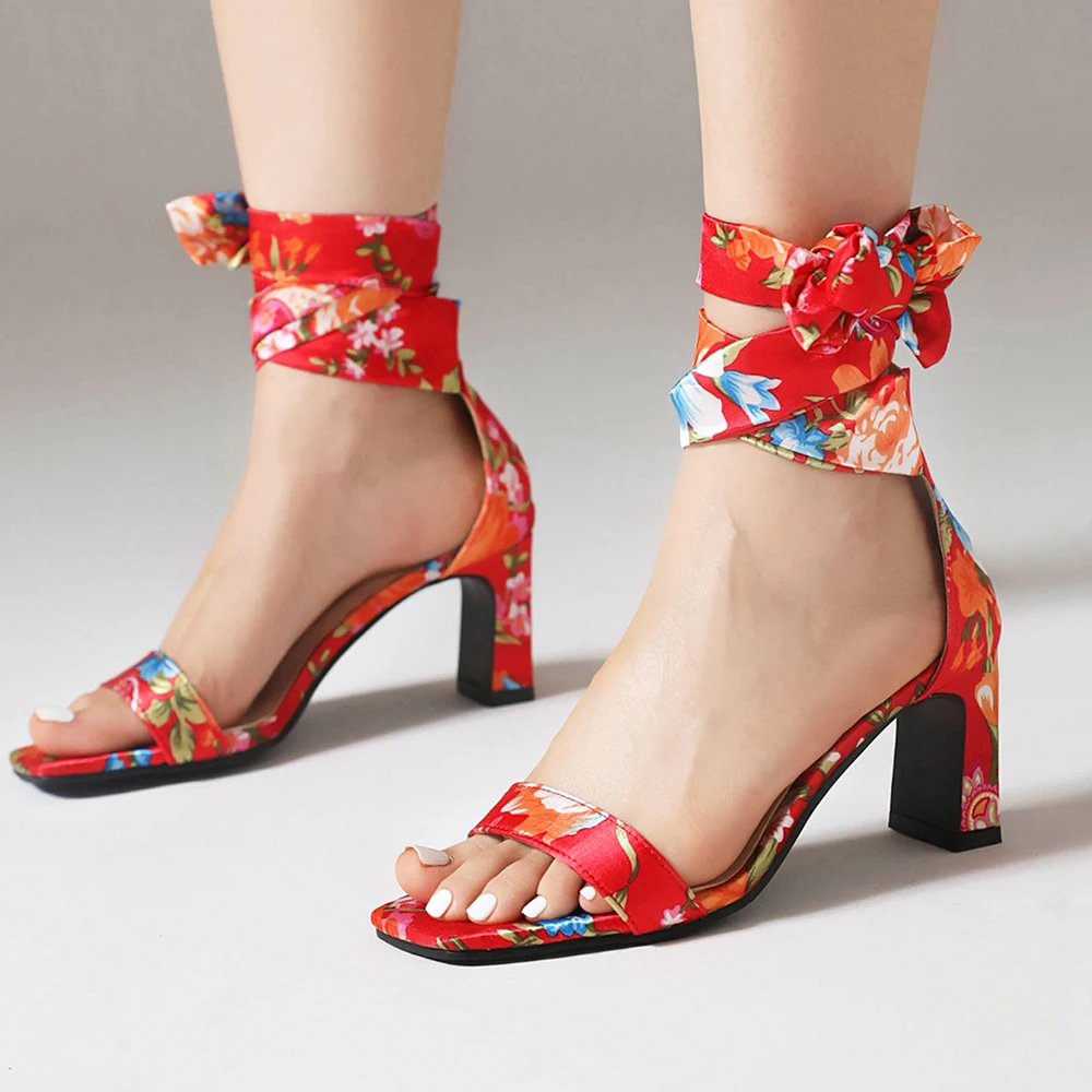 bohemian style Cross ankle strap Sandals Women flower Satin Pumps Summer Lady casual vacation shoes Party Dancing 8cm High heels