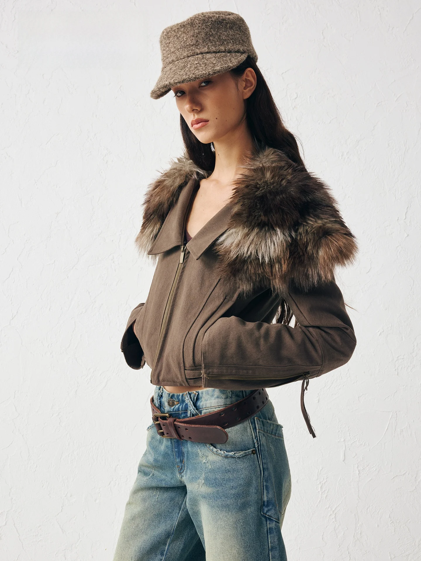 

High River 25aw Detachable Fur Collar Casual Retro Workwear Cotton Jaet Women's ort Outerwear Faionable Vintage Sle