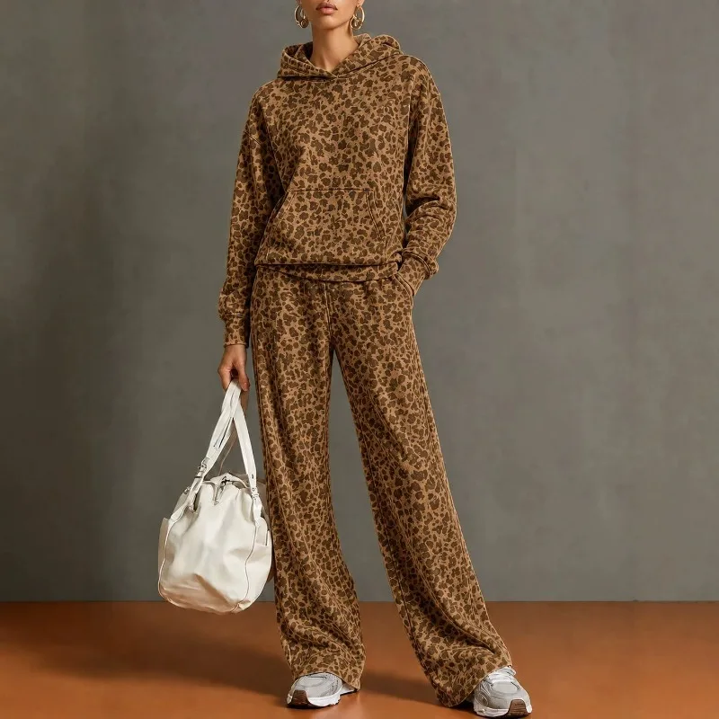 Autumn Winter Women's Clothing Europe America Retro Leopard Print Hooded Sweatshirt Wide-leg Long Pants Casual Sporty Two-piece
