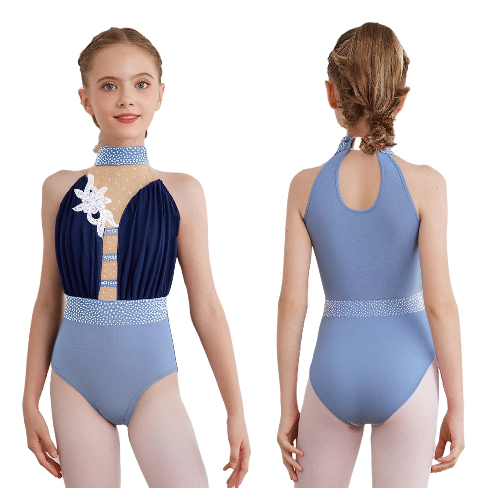 Children Girls Sleeveless Sheer Mesh Applique Rhinestones Figure Skating Leotard Gymnastics Ballet Dance Acrobatics Bodysuit