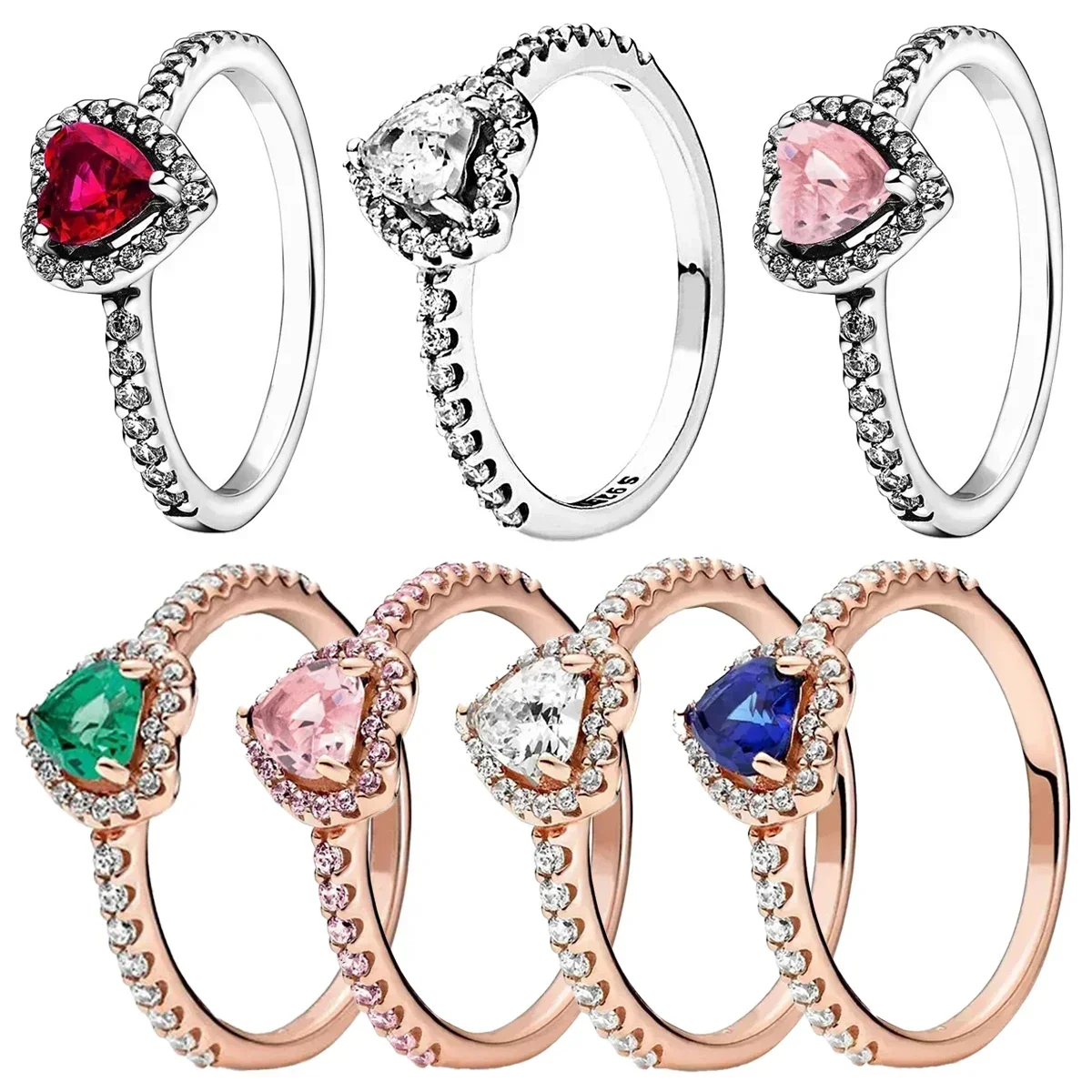 925 Sterling Silver Ring Elevated Red Heart With Colorful Crystal Rings For Women Valentine's Birthday Gift DIY Jewelry