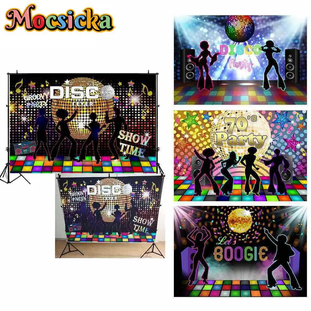 

Mocsicka Disco Party Background 70s 80s 90s Retro Dance Party Backdrop Photography Disco Bar Ball Neon Light Wedding Decoration