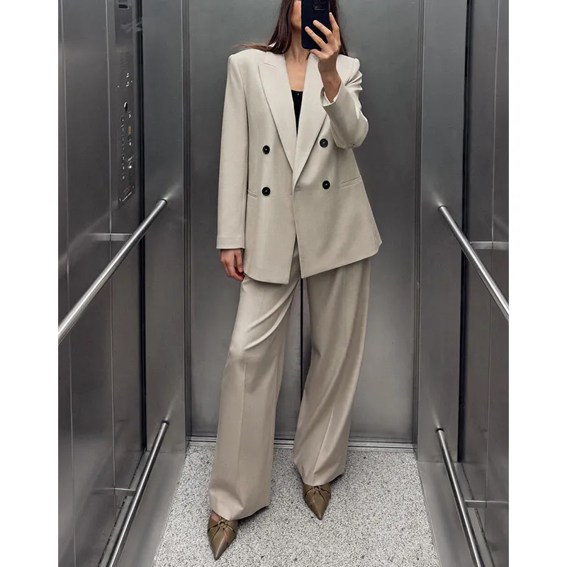 Shoulder Pad Double Breasted Suit Jacket Wide Leg Pleated High Waist Casual Pants Two Piece Set Polyester Fiber Long Sleeve