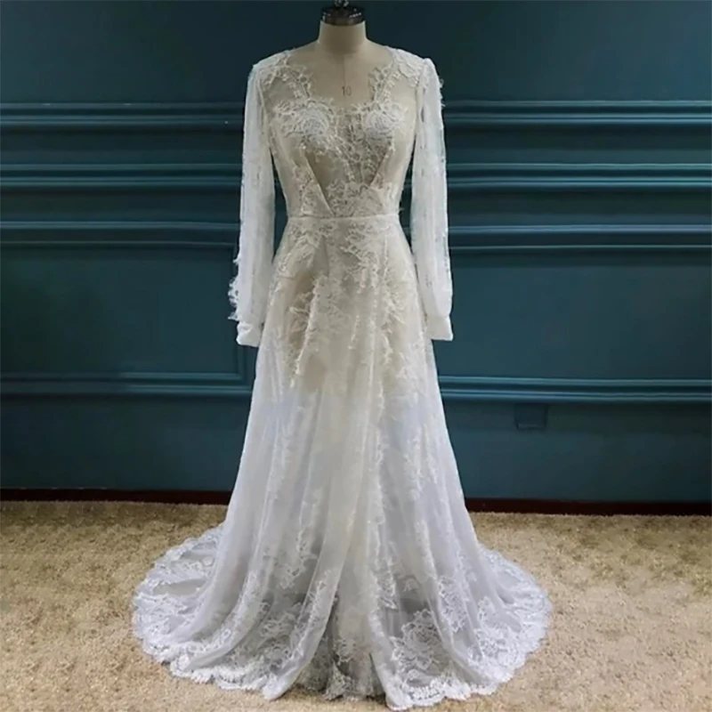 Bohemian Wedding Dresses Lace V-Neck 3D Printing  Side Slit Wedding Gown Bridal Dress Long Sleeves Open Back Customized