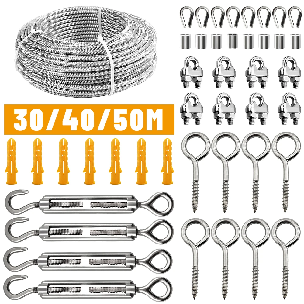 

45PCS/Set PVC Coated Flexible Steel Wire Rope Transparent Stainless Steel Clothesline Safety Guardrail Rope 2mm Kit