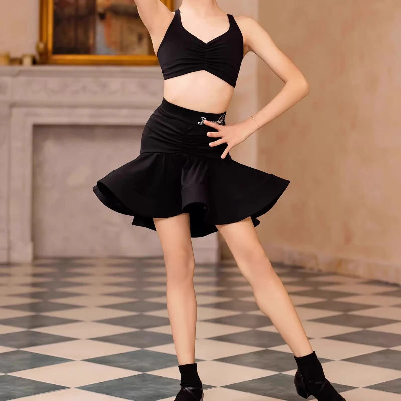 Criança vestido de dança latina terno traje para meninas preto sem costas superior balanço saia dança samba rumba treinamento desempenho dancewear