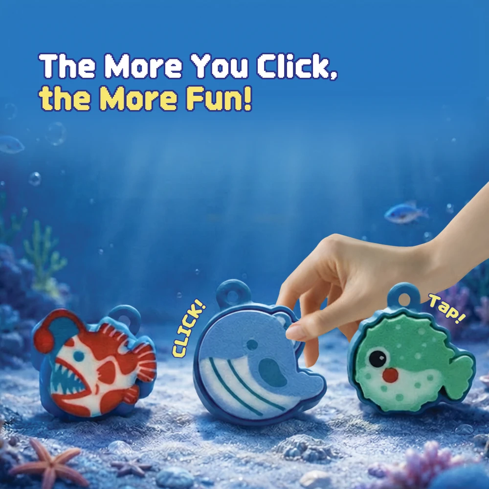 Ocean Friends Fidget Clicker Toy Cute Whale Puffer Angler Fish Silicone Click Keychain Stress Relief Sensory Toy Backpack