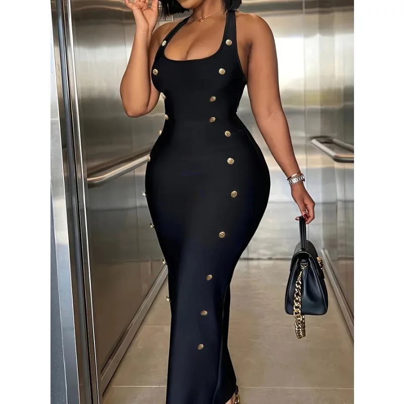 

Elegant Solid Color Patchwork Button Halter Neck Maxi Dress