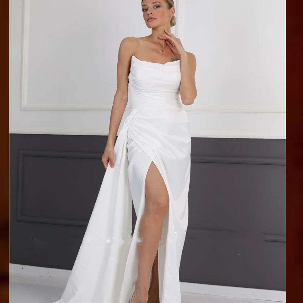 Vestido de casamento com decote em v sem costas lado simples cetim de seda praia vestidos de casamento strapless overskirt plissados robe de mariee