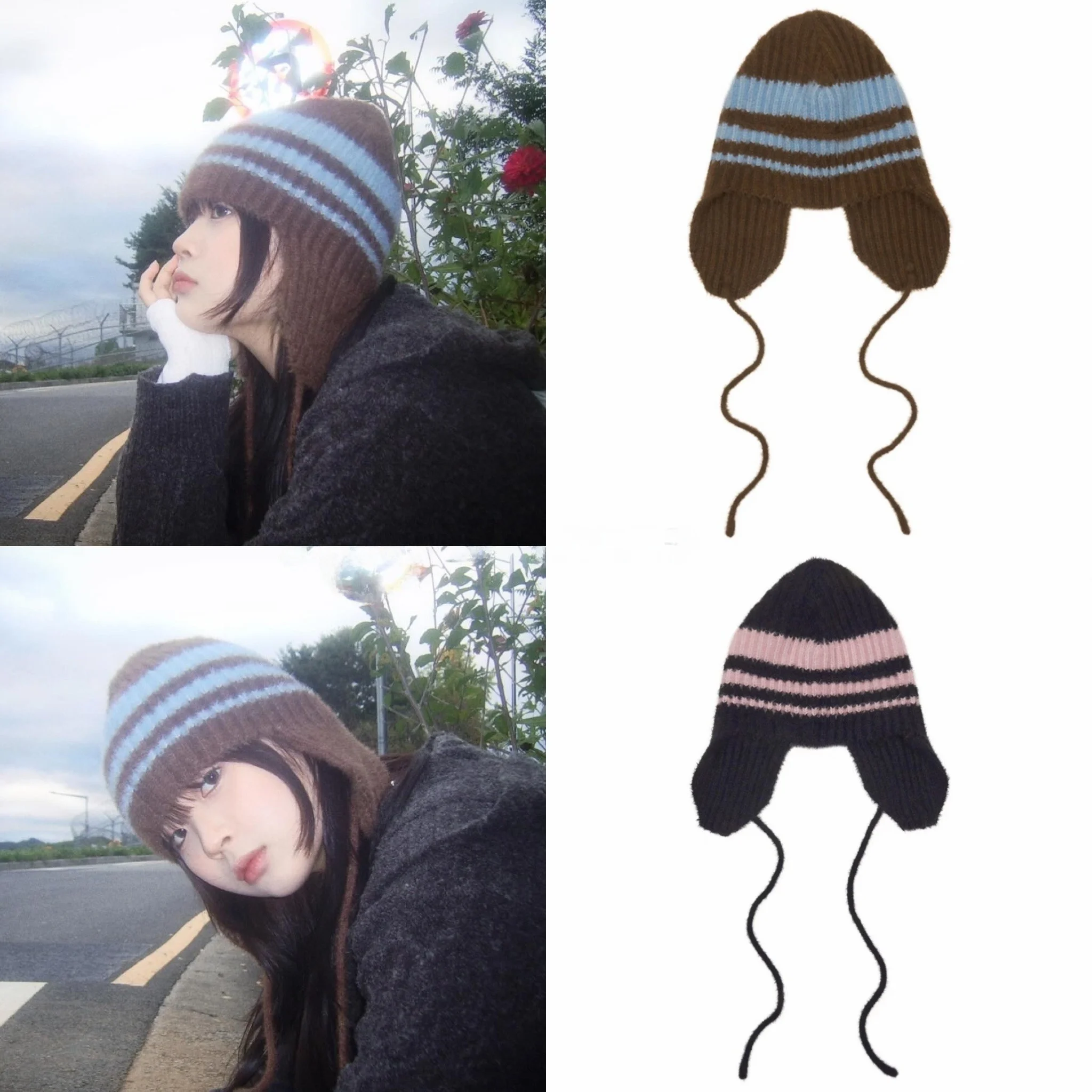 

Warm Stripe Color Blo Knitted Hat Ear Protection Belted Retro Sle Cotton Cap for Young Women Sweet Cute Pattern Design