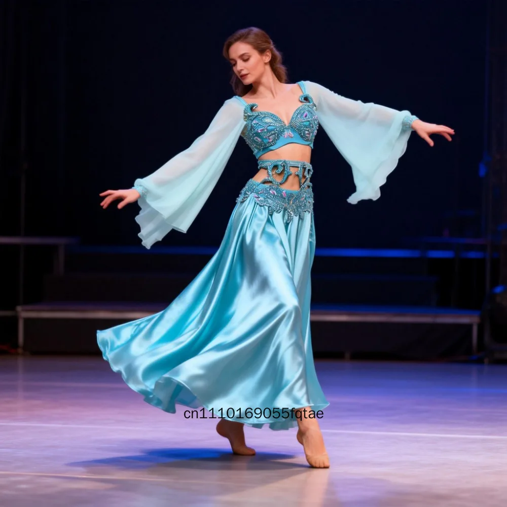 

Новый комплект костюмов для танцев живота для женщин, профессиональный наряд для восточных танцев, сексуальный блестящий костюм для выступлений на сцене