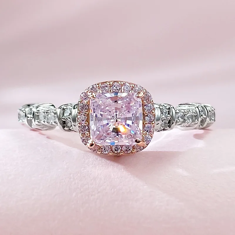 S925 Sterling Silver Hot Selling Brilliant 5 * 5 Pink Diamond Shining Ring Set with Zircon Light Luxury Jewelry Fashion