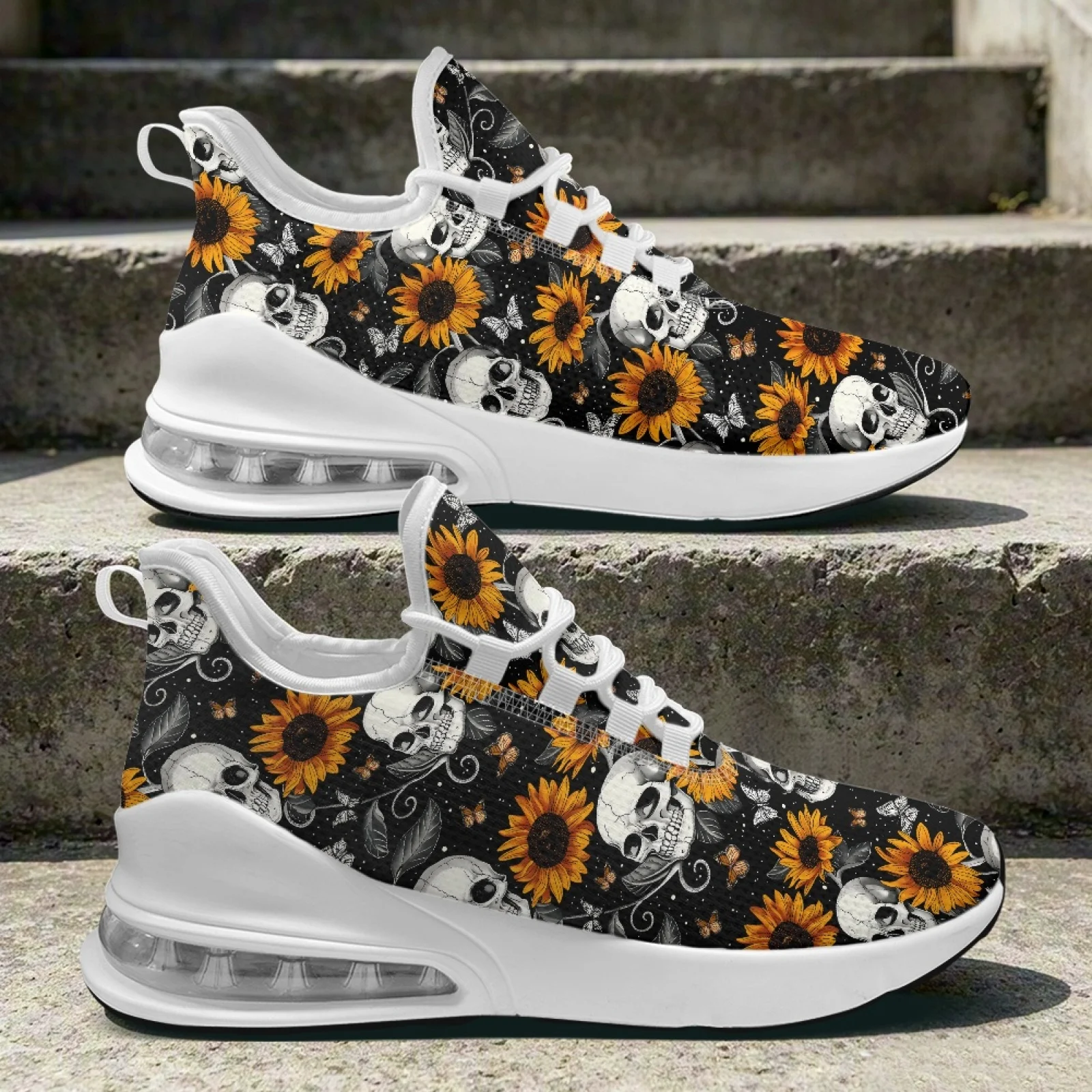 PENSTROLL Sunflower Skull Breathable Non Slip Casual Athletic Footwear Gym Shoes for Women Travel Walking