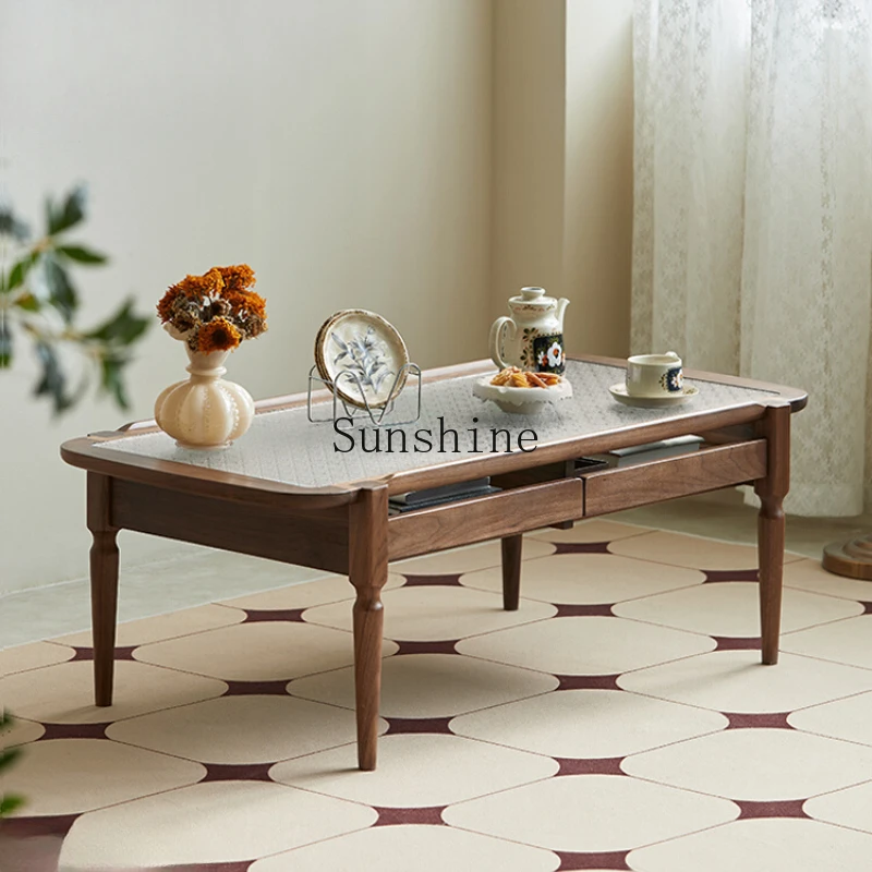 

Begonia flower tempered glass coffee table French small apartment living room set rectangular