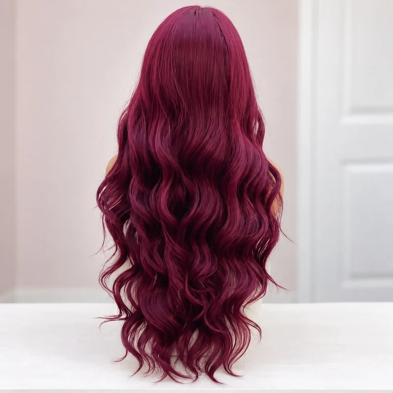13x6 Lace Front Wig Burgundy Long Body Wave Heat Resistant Synthetic Hair Free Parting Natural Hairline Daily Wear Women