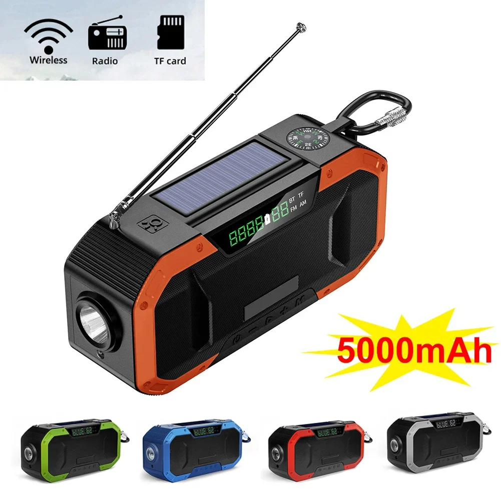 Portable Bluetooth Speaker Hand Crank Solar Radio AM/FM Emergency Radio LED Power Display Flashlight IPX5 Waterproof Power Bank