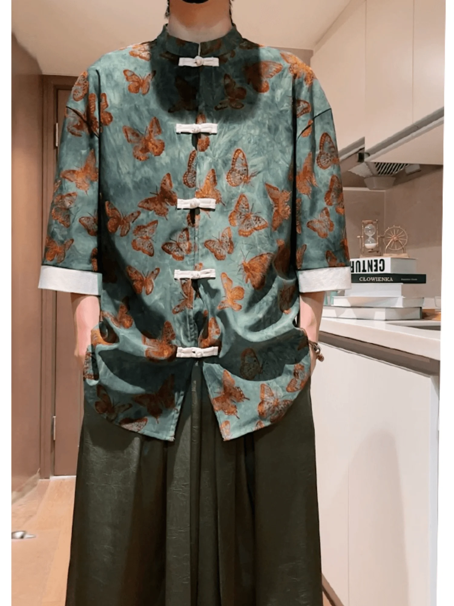 

Мужская свободная футболка с коротким рукавом, повседневная летняя футболка с рукавом до локтя, в стиле Ханьфу, с принтом, из полиэстера, молодежная модная одежда