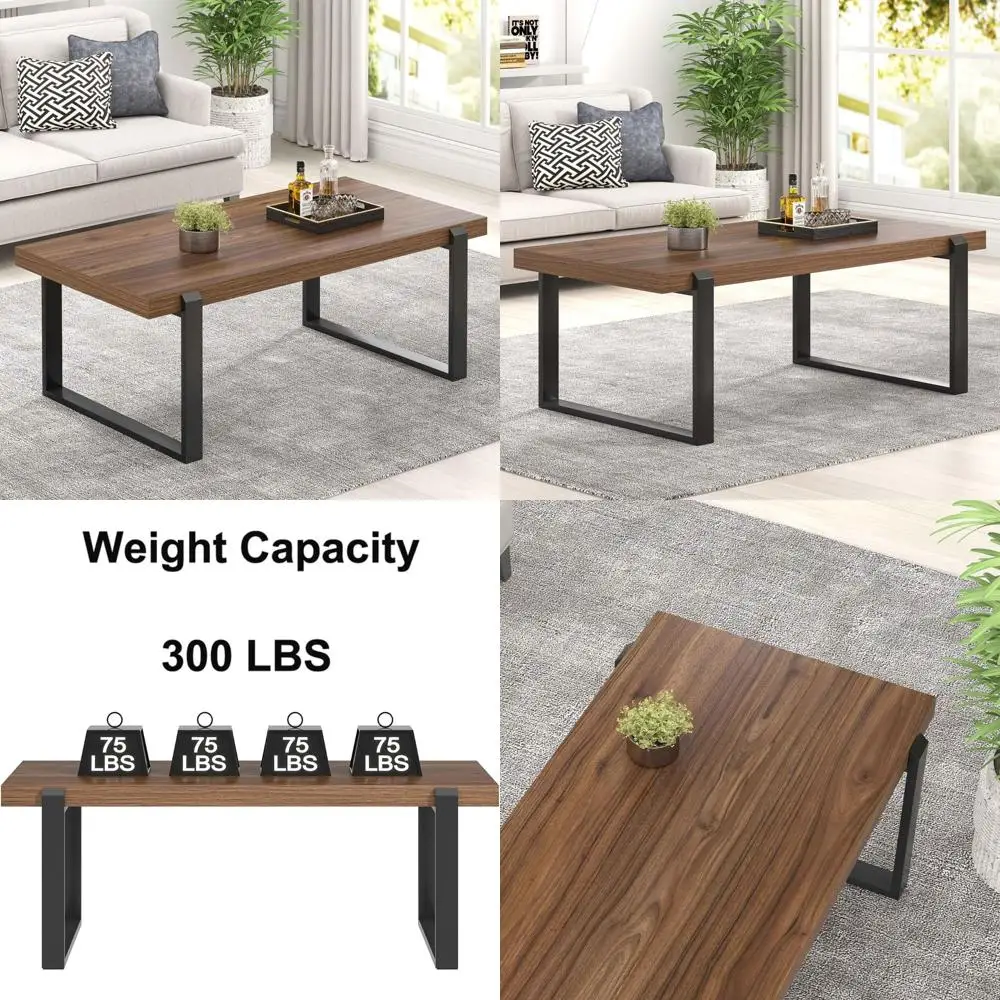 

Industrial Style Rectangular Coffee Table with Rustic Wood and Metal, Perfect for Living Room, Walnut Finish