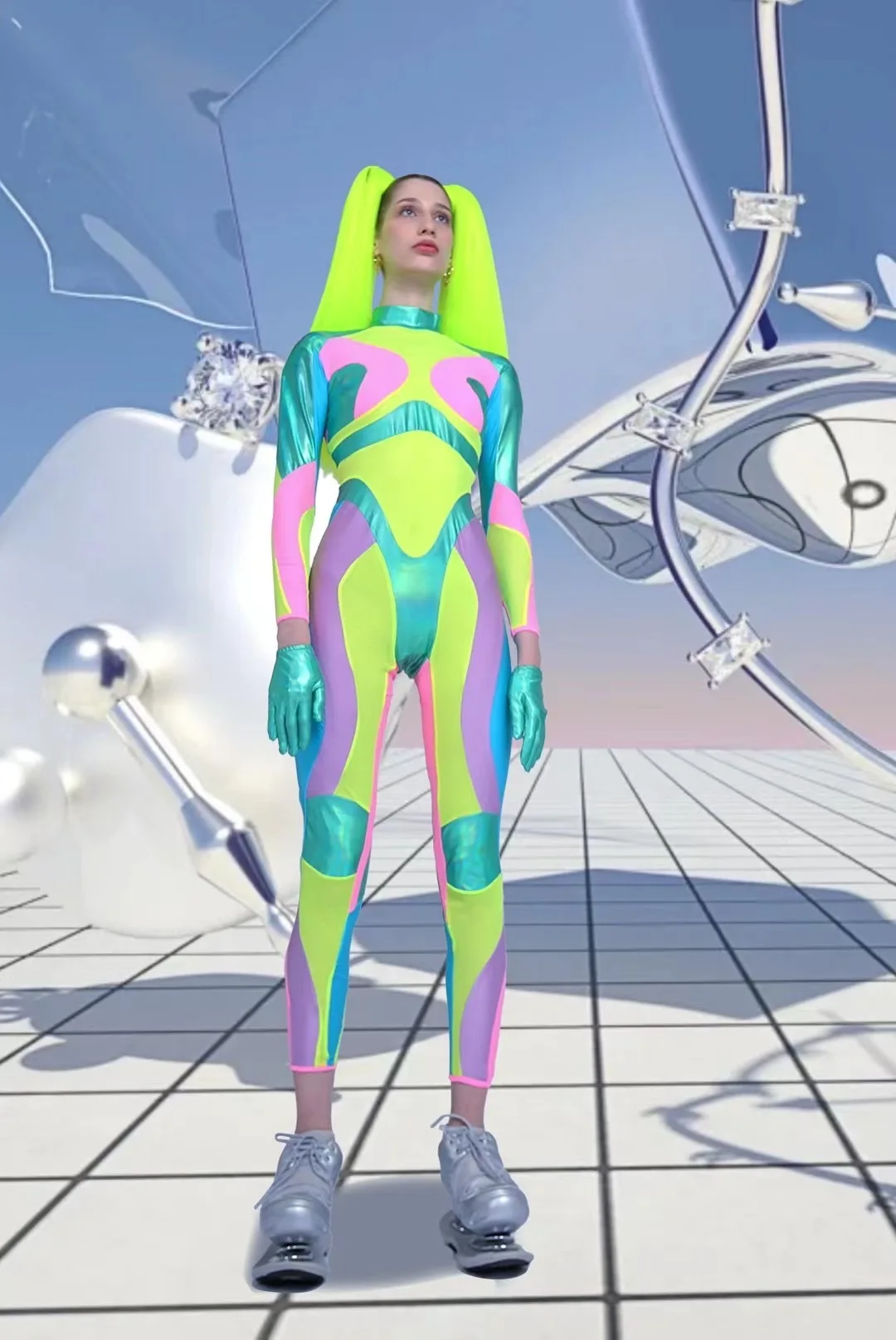 Futuristic Clothing Green Bodysuit Holographic Clothes Gogo Dancer Costume Stage Costume Lady Gaga Costume DJ Clubwear