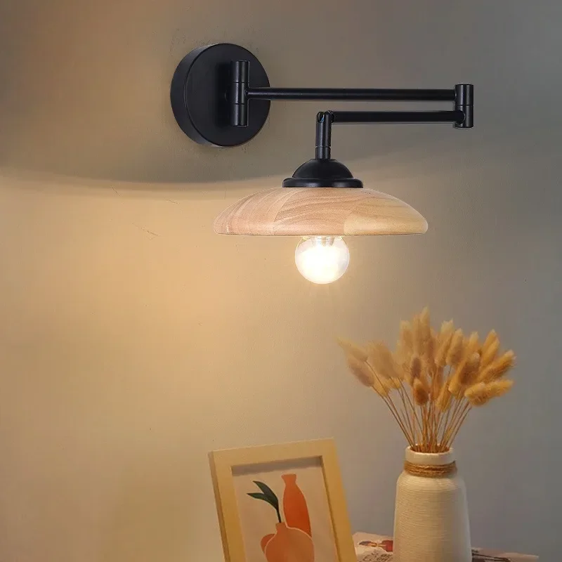 Japanese Log Bedroom Bedside Wall Lamp Simple Nordic Solid Wood Telescopic Folding Rocker Arm Retro Wood Wall Lamp