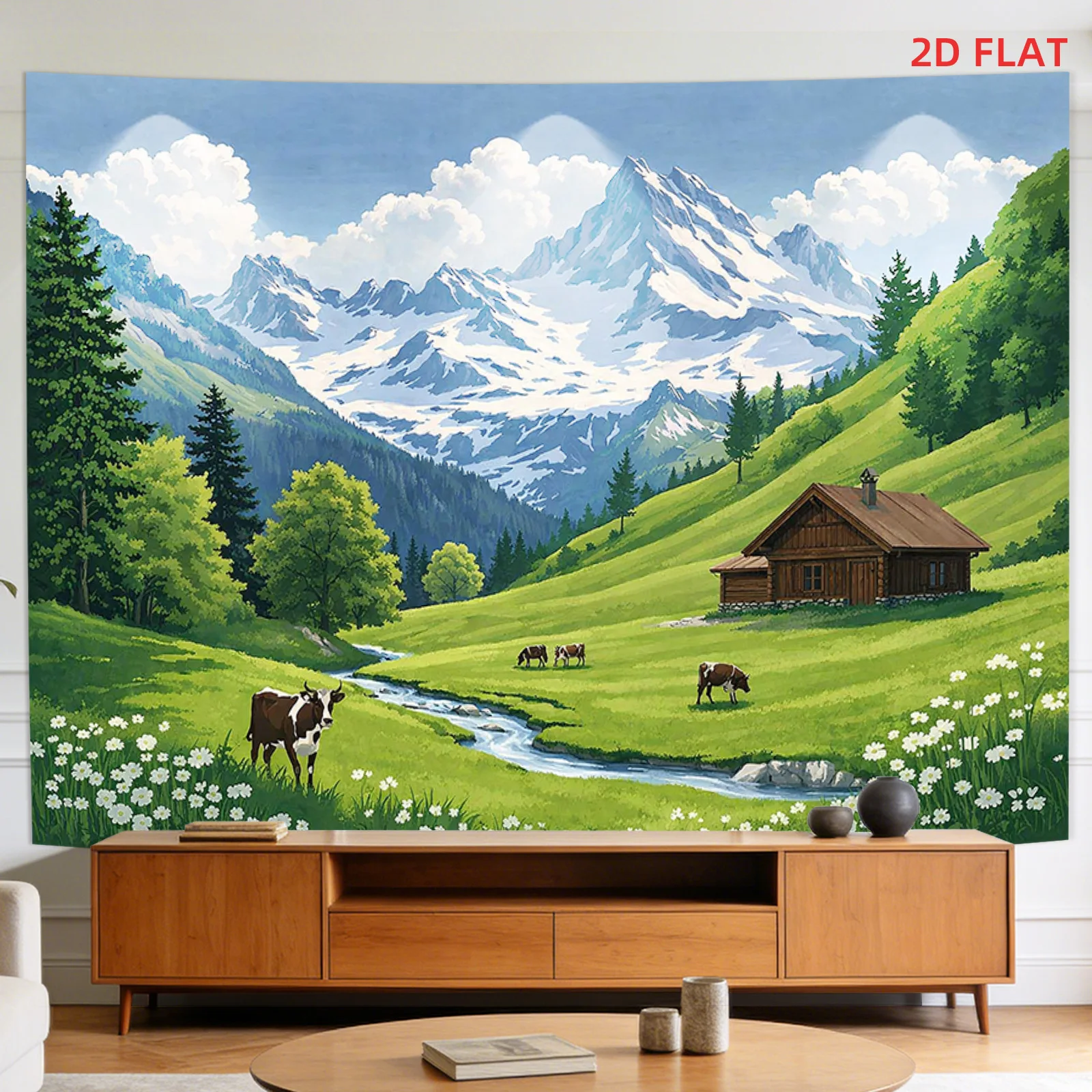 Huge Mountain Valley Landscape Tapestry Wall Decor Mural Nature Scene Cabin Cottage Farm Art Room Decoration Rustic Alpine View