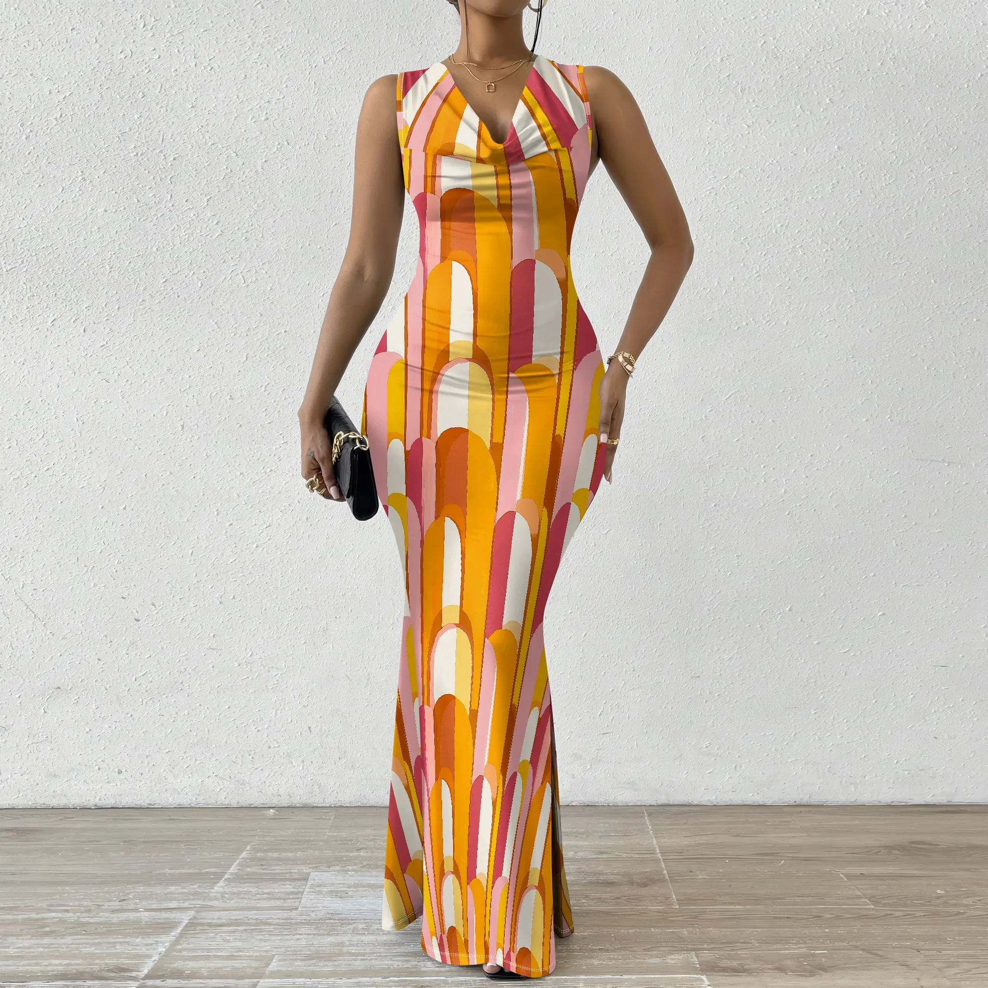 

Retro 70s Inspired Maxi Dress Colorful Striped Sleeveless XS-2XL Summer Music Festival Look
