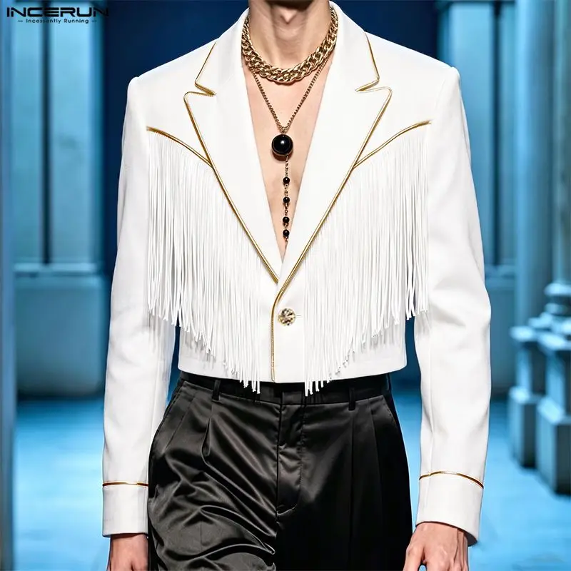 Fashion Men's Blazer Tassel Patchwork Lapel Long Sleeve One Button Casual Male Suit Streetwear Party Crop Blazer For Man INCERUN