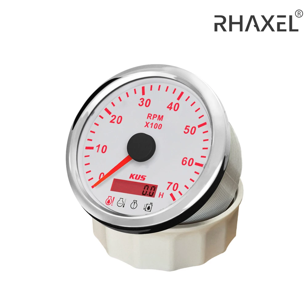 KUS 85mm (3 3/8'') Tachometer 0-7000RPM Tacho Meter Hourmeter with 4-LED Alarm Red Backlight 12VDC for Vehicles Auto